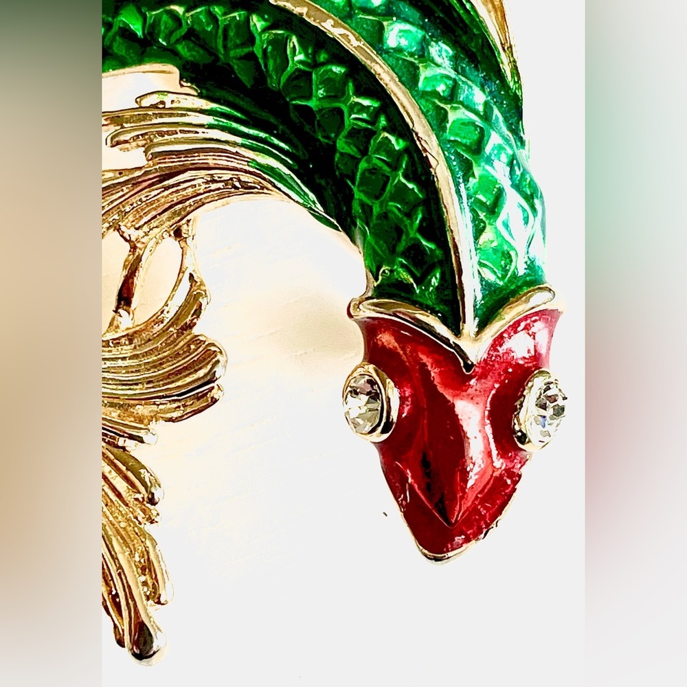 SOLD | Vintage Koi Fish Brooch Green Red Gold Enamel Rhinestone Statement Pin - Picture 6 of 11
